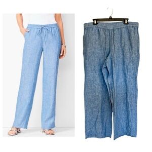 NWT Talbots chambray linen blue wide leg pant drawstring size 16 coastal beachy